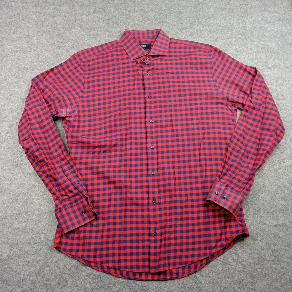 1901 Shirt Mens 16.5 36-37 Red Navy Gingham Trim Fit Button Down Long Sleeve